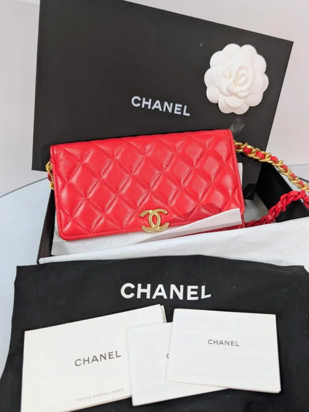 Chanel Bright Red Lambskin Classic Wallet on Chain (WOC)